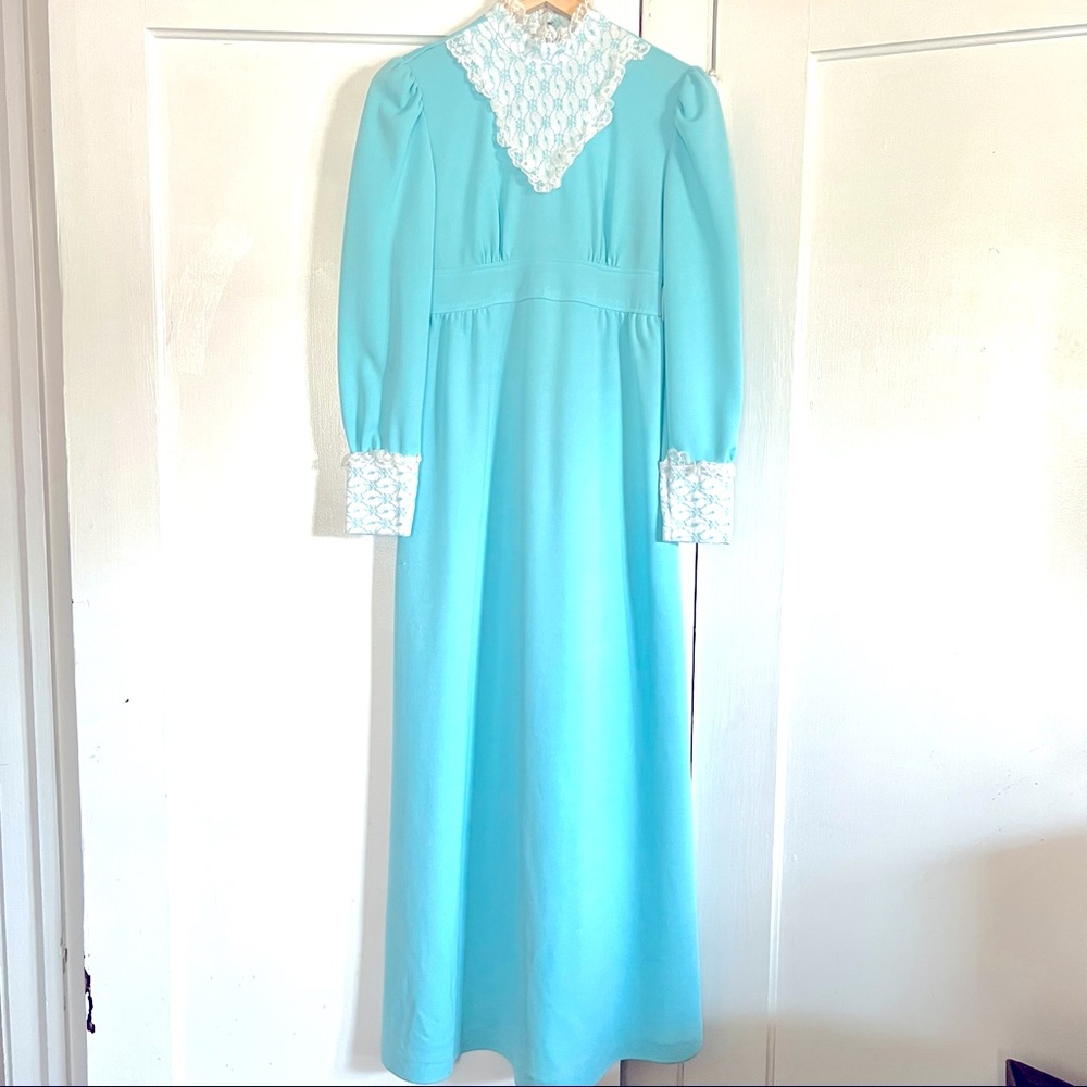 Vintage 1970s blue and white maxi lace dress